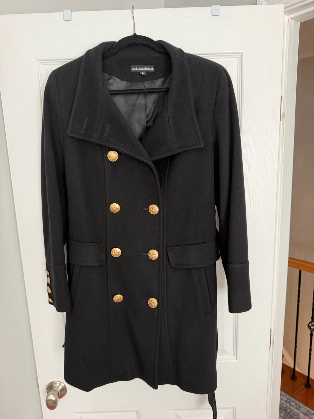 Sofia Cashmere Black Double-Breasted Pea Coat with Gold Buttons